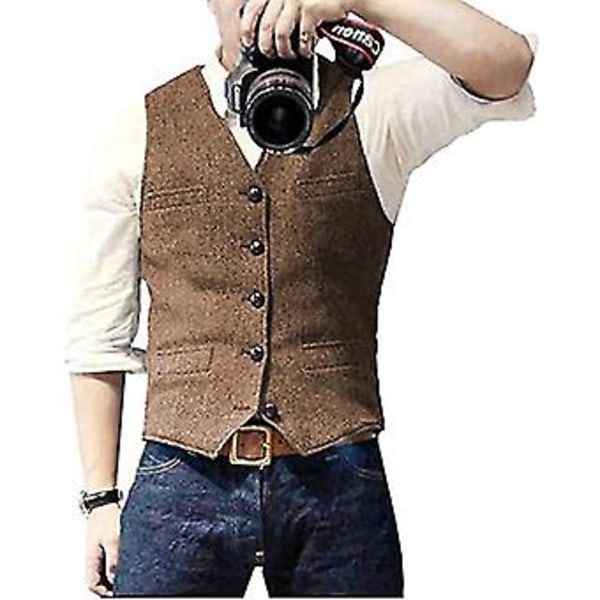 Men's Casual Business Vests, Lightweight Waistcoat Slim Fit Suit Vest(L Brown)