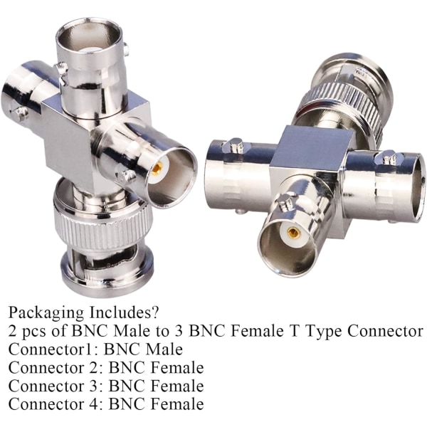 2-pakning BNC hann til 3 hunn T-type RF koaksial-kontakter 4 W