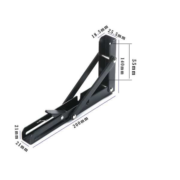 Foldbar konsol 200mm, 2 stk. sort sammenklappelig konsol, bærende sammenklappelige hyldebeslag,
