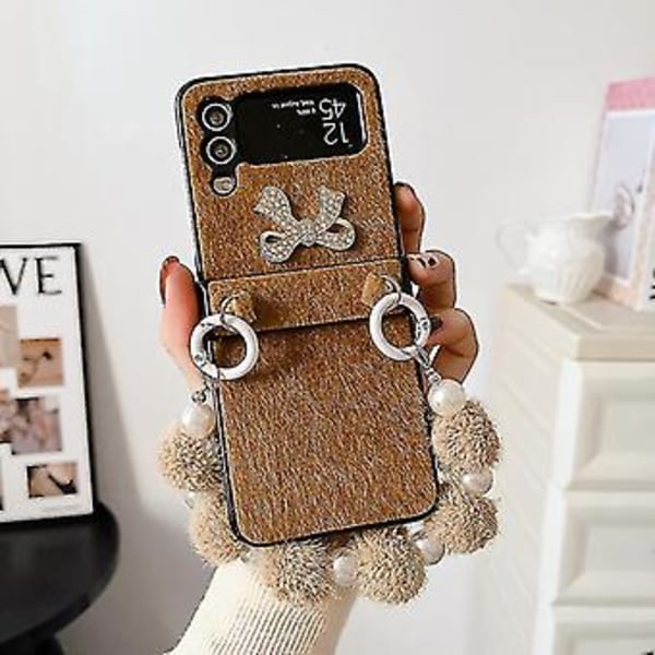 Plyschfodral med rosett Kompatibel med Samsung Galaxy Z Flip 4, Hård PC Stötsäker Skal med Hårludd Armband