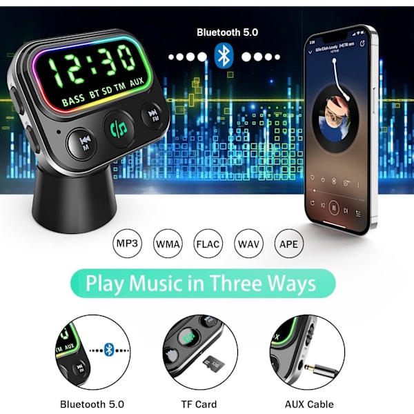 FM-sender, 24-timers display, Bluetooth 5.0 bilradioadapter med QC3.