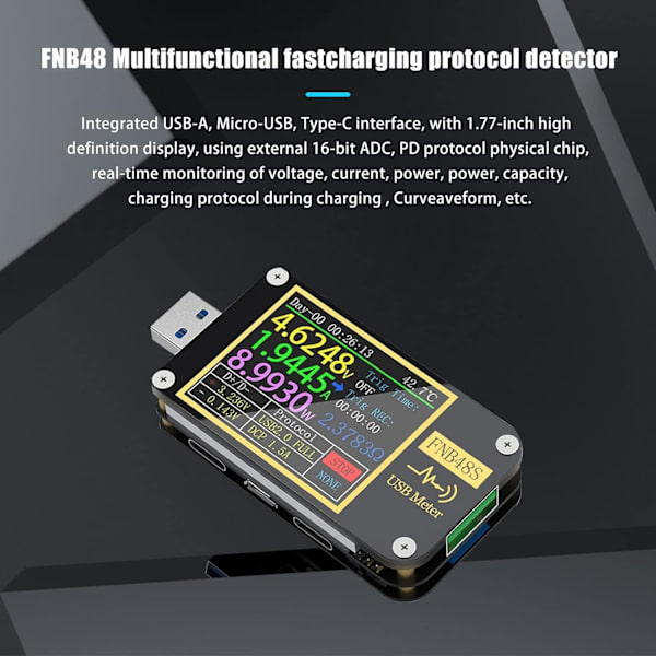 FNB48 PD USB Spenningstester, USB 3.0 Voltmeter, DC 4-24V 6.5A Vol