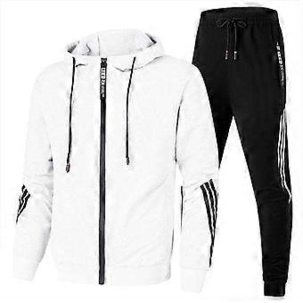 Stor Storlek Herr Höst och Vinter Mode Casual Träningsset Jacka Sweatpants 2 Delar Set (XXXXL vit)