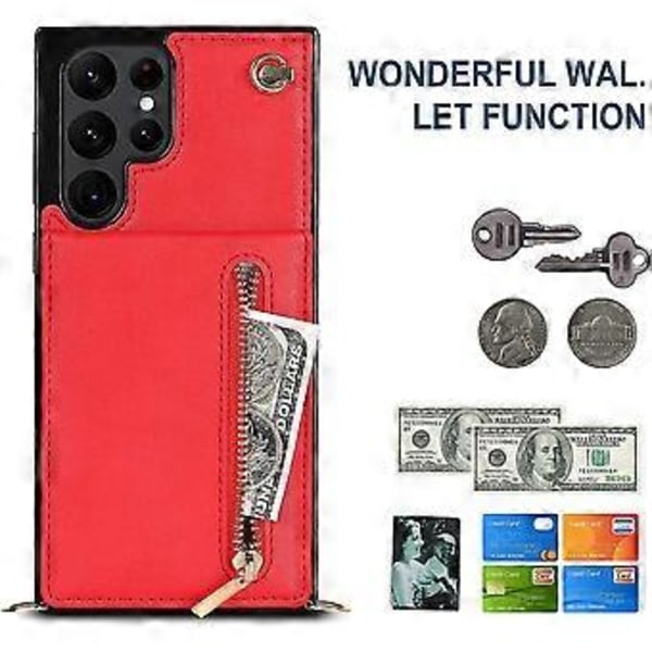 Nahkalompakkokotelo Samsung Galaxy S23 Ultra/ S23+/ S23 -puhelimille kaulanauhalla, jalustalla ja vetoketjullisella lompakolla