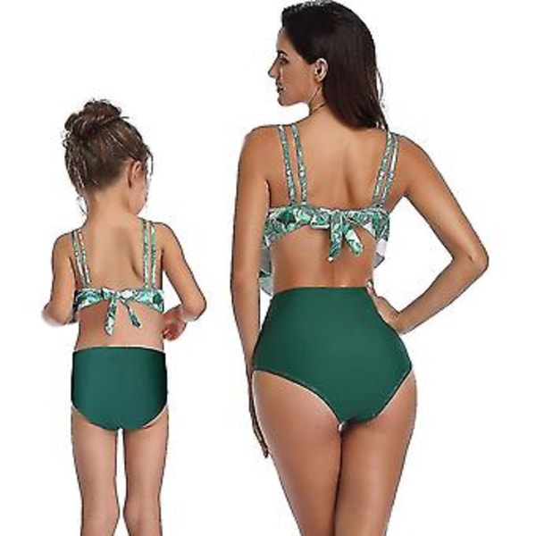 Flickbaddräkt Tvådelad Bikini Set Volang Falbala Badkläder Baddräkter-e( Gröna Löv)