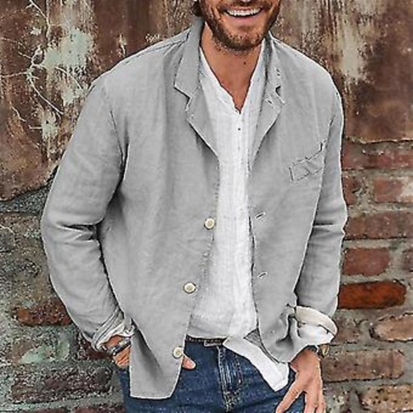 Mænds Bomuld Linned Casual Suit Frakke Lapel Knapløs Jakke (XXL Grå)