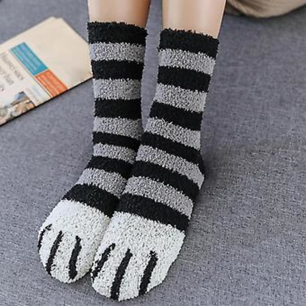 Damernas Varma Roliga Fluffiga Kattpåtassar Mjuka Sängtofflor Sockor Varma Vadenstrumpor (Svart Randig)
