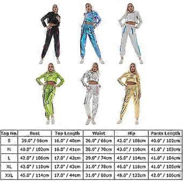 Rave-outfit för damer, glänsande crop top-hoodie, metalliska lediga långbyxor, hoodie-träningssweatshirt, discodans-klubbkläder (XX-Large Blå)