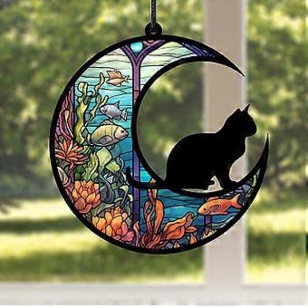 Målad Månkatt Hängande Ornament Akryl Katt Fönsterhängande Jul Veranda Hängande Dekor