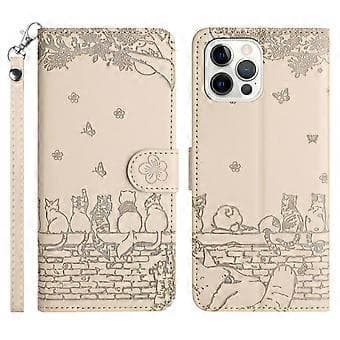 Wall Cats præget PU-læderetui til iPhone 15 Pro, standerpungtelefoncover med rem (stil E)