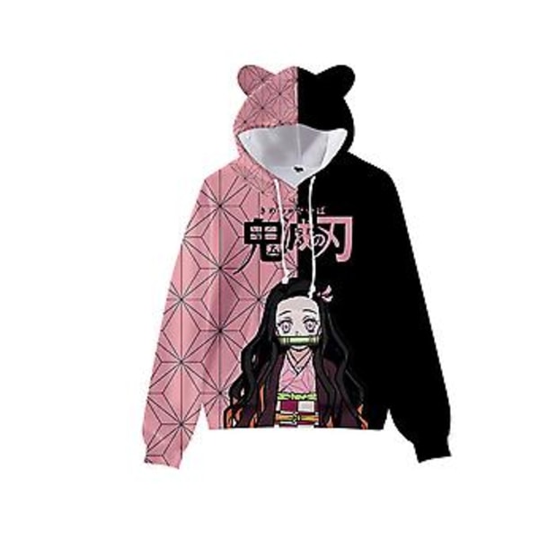 Japansk Anime Demon Slayer hettegenser, Unisex morsom 3D grafisk trykt hettegenser, tenåringers katteører hettegenser, genser for menn og kvinner (L A)