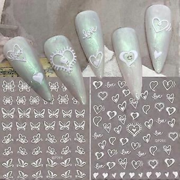 5D Vita Hjärta Nagelkonst Dekaler Valentinsdag Kärlek Präglad Nagel Dekaler Romantisk Fjäril Blommor Ihålig Hjärta Utsökt Glidande Nagel Dekoration Manikyr