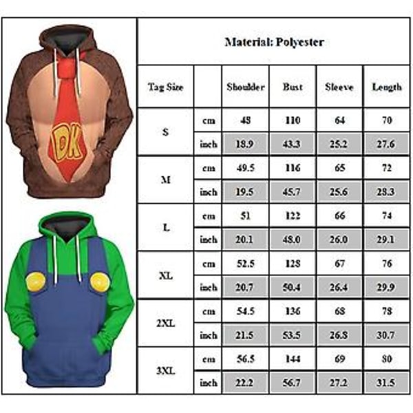 Unisex Mario 3D Hoodie til Kvinder og Mænd - Hættetrøje med Hætte - Trøje - Toppe - Gave (L Luigi)