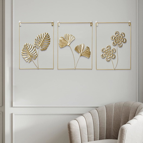 3-delt gyldent vægdekorationssæt, moderne minimalistisk abstrakt linjekunst Ginkgo-blad metal, skulpturer til