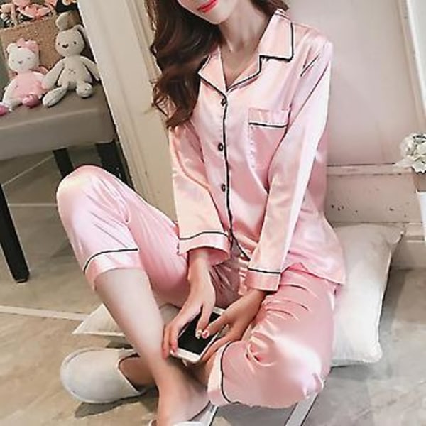 Dam Satin Silk Look Pyjamas Långärmad Nattkläder Set (L Rosa)