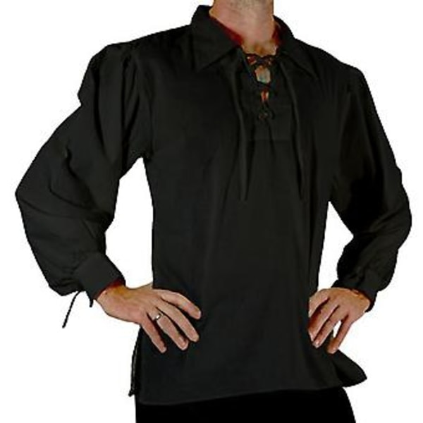 Mænds Middelalderlig Renaissance Cosplay Skjorte med Lapel, Langærmet, Snørebånd, Ensfarvet, Løstsiddende Trøje (XL Sort)
