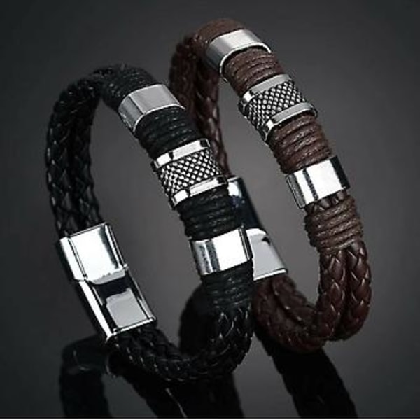 Armband läder män rostfritt stål armband biker punk smycken 21cm (Svart)