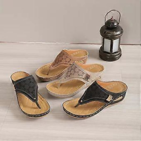 Dame Hul Blomst Kile Flip-Flops Åndbare Komfortable Sandaler til Rejse Udendørs Brug (36 Sort)