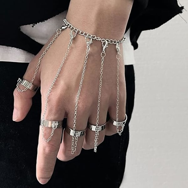 Kæde Finger Ringe Armbånd Punk Lagdelt Kæde Tassel Armbånd wi