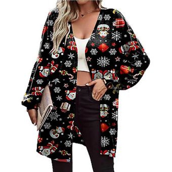 Dam Cardiganjacka med Jultryck, Långärmad, Fashion (XXL Svart Tomte)