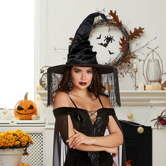 Halloween COS Troldmands-/Heksehat, Maskeradebal og Rollespilsfester, Sort Edderkoppekvast med Buet Skygge