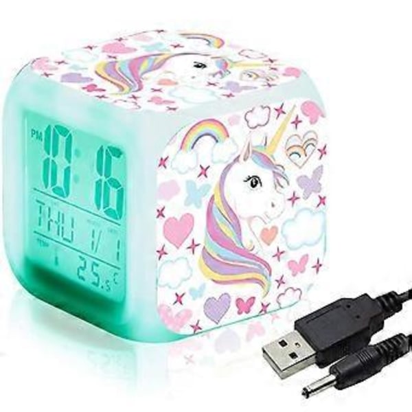Unicorn Digital Väckarklocka för Barn, Glödande LED LCD Kub Sängklocka med Ljus för Sovrum och Födelsedagspresenter