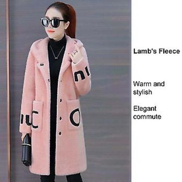 Huvudbonad Långärmad Fickor Bokstavstryck Enknäppt Plyschkappa Vinter Kvinnor Tjocknad Imitation Lammull Överrock (4XL Rosa)