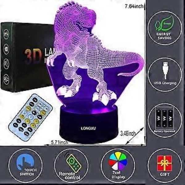 Dinosaurie Leksaker 3D Nattlampa för Pojkar med Timer Fjärrkontroll & Smart Touch 7 Färger Bytbar Dimbar TRex Leksak 1 2 3 4 5 6 7 8 9 10 År Gammal Pojkpresent
