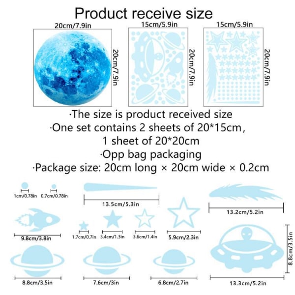 Fluorescerende veggklistremerker for barn, måne, stjerner og ballonger