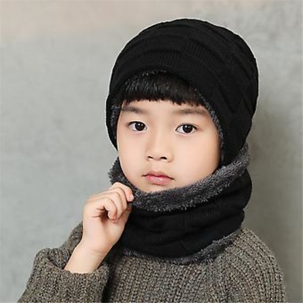 Børne Vinter Fleece Beanie Hat Halsklæde Handsker Sæt Strikket Tyk Varmt Hætte Halsvarmer Til Børn Drenge Piger 4-15 År (Sort)
