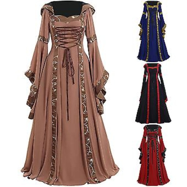 Fianao Keltisk Kvinders Snørebånd Langærmet Gulvlang Middelalderkjole Halloween Kostume (XXXXXL Sort)