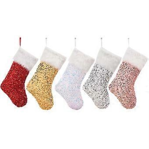 Paljett Plysch Julstrumpor med Snodd Portabla Julklappspåsar Juldekoration för Öppen Spis och Julgransdekor