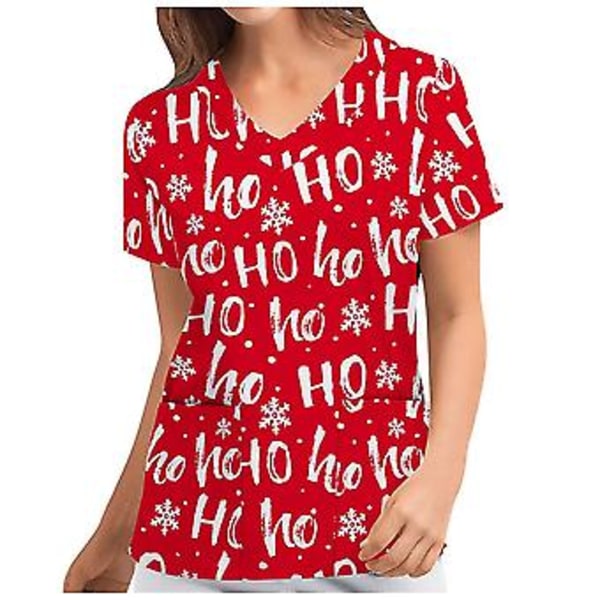 Jule-Sygeplejerske Uniform Scrub Kortærmet T-shirt Jule-Blouse Tee Tops V-Hals (2XL Rød)