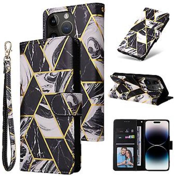 Marmor Bronzing PU-etui til iPhone 14 Pro (Sort)