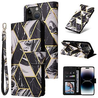Marmorimainen Pronssi PU-Kuosi iPhone 14 Pro:lle (Musta)