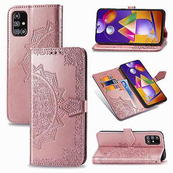 Mandala Blomst Præget Vandret Flip Læderetui Til Galaxy M31s (Rosenguld)
