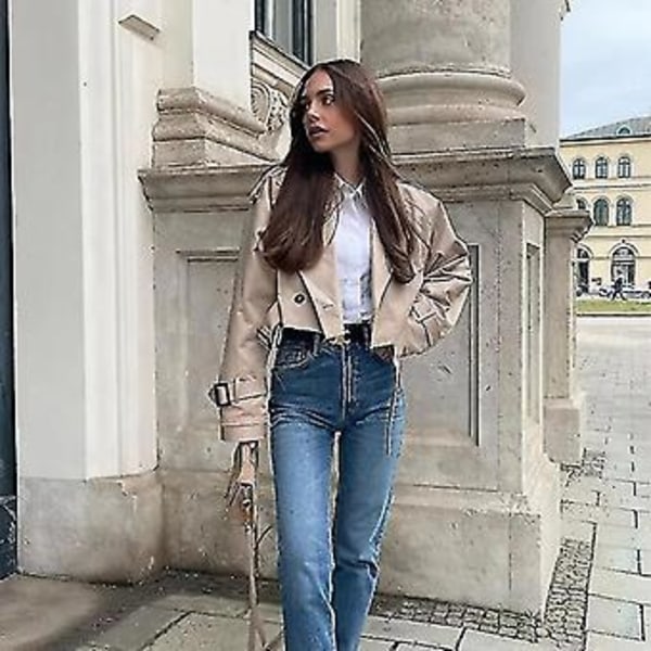 Khaki Korta Trench Kvinna Långärmad Korta Design Jacka Chic Lady High Street Casual Lös Kavajer Topp Kvinna Ny (S)