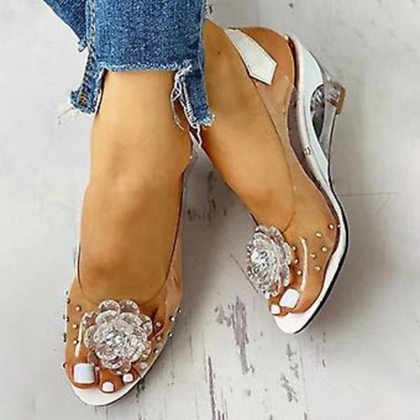 Sandaler med nitter og blomsterdesign, gennemsigtige rhinestone kilehæl sandaler, damesko (38 Sort)