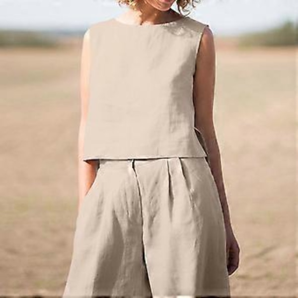 Sommar Dam Daglig Kostym Ärmlös Fritid Shopping Kort Lös Tank Top Raka Byxor Tvådelade Set Shopping  off white XL(XL off white)