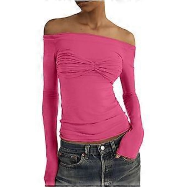 Dame Langærmet Skjorte Basic Crop Top Mode 2024 Base Layer Strækbar Slank Pasform Y2K Tops Mesh Gennemsigtig T-shirt (Pink, XL)