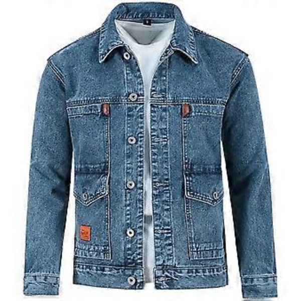 Herre Efterårsjakke Lange Ærmer Termiske Knapper Ren Farve Efterårs Denimjakke til Daglig Brug (L sort)