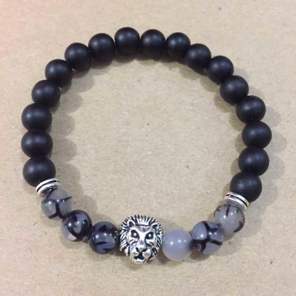 Smykke Løvehode Perlekjede - 8mm Blå Perle, Elastisk, Stret