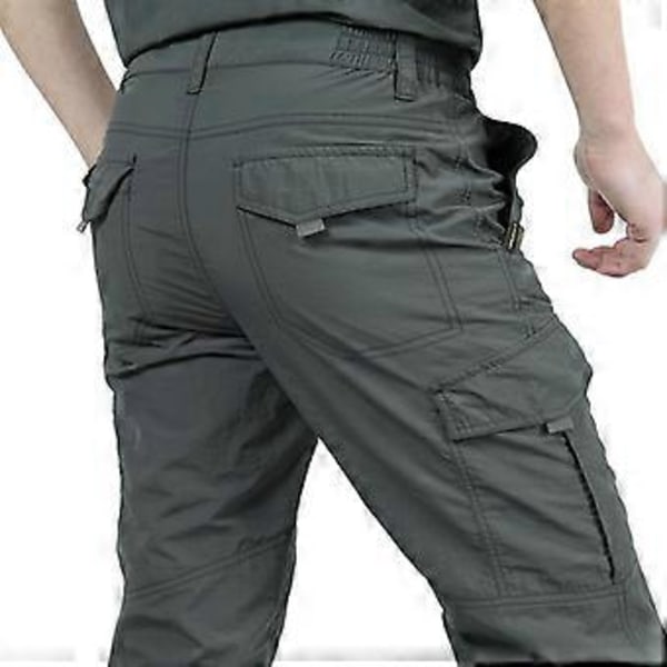 Vår og sommer herre tynne avslappede rette multi-lomme arbeidsbukser sportsbukser (2XL grå)
