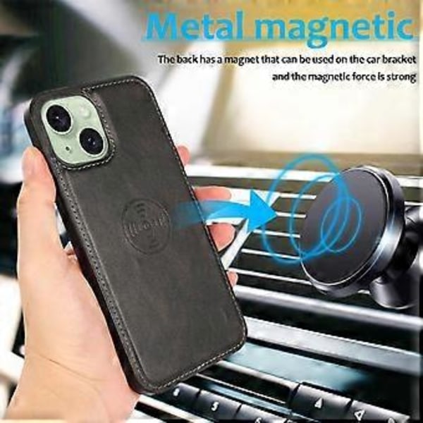 iPhone 15 Plus -puhelimen nahkakuori, lompakko ja teline, irrotettava 2-in-1 -kotelo
