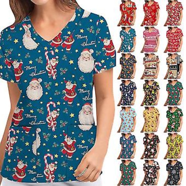 Jule-Sygeplejerske Uniform Scrub Kortærmet T-shirt Jule-Blouse Tee Tops V-Hals (S Royal Blå)