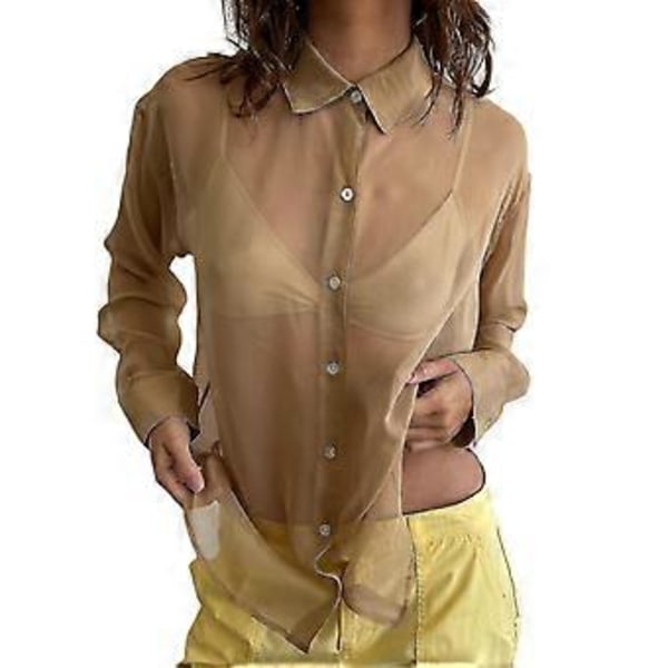 Kvinner Gjennomsiktig Løstsittende Skjorte, Dame Casual Lapel Krage Lang Erme Knappet Bluse (L Khaki)