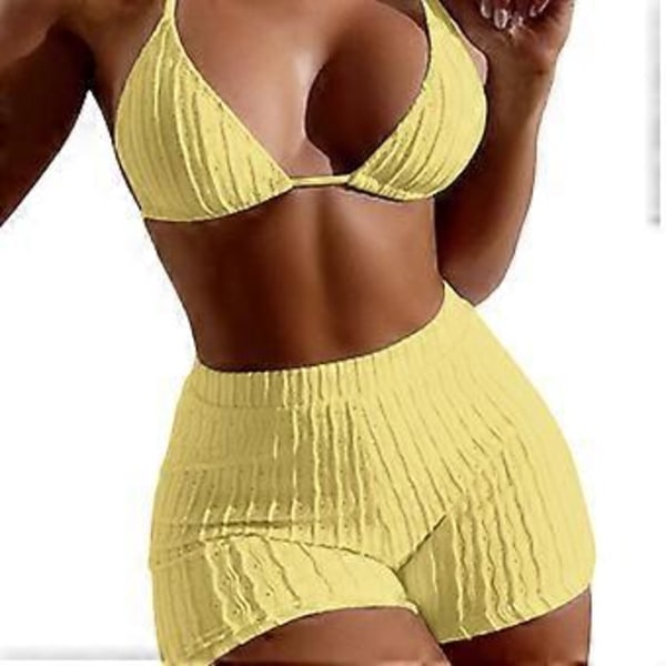 Højtaljede damebadedragter med drenge shorts Brasiliansk-trekants top Ribbet halter bikini todelt badetøj Gul M(M Gul)