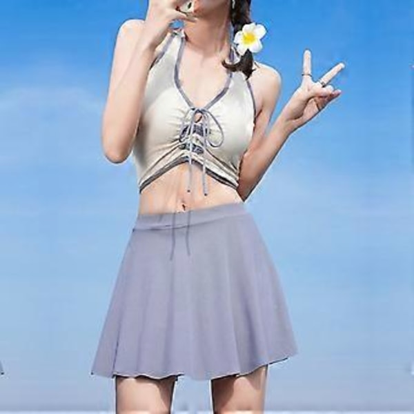 Dame Badedragt To-delt Badedragtsæt, Halterneck Bikinis Croptop og Badeskørt med Shorts Kaffefarve S(S Kaffefarve)