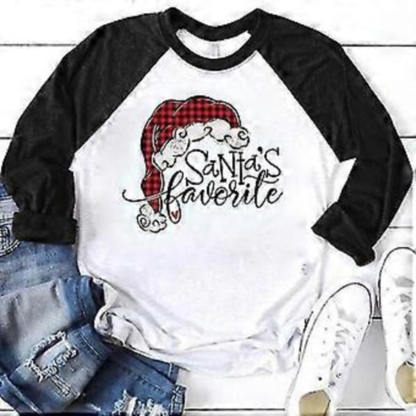 hmwy-dame julemandsprint t-shirt bluse basic top tee shirt (2XL Sort)