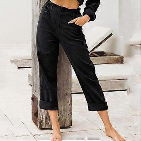 Linned Cropped Løs Pasform Bomuld Dame Capri Bukser Afslappede Dame Crop Capri Bukser Elastisk Talje Sommer (XXXL Sort)